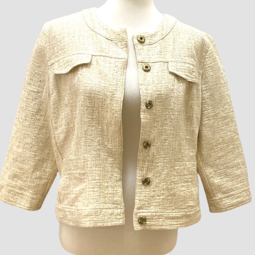 RUBY RD Cream Beige Tweed with Golden thread  Boxy  short Jacket Sz 14